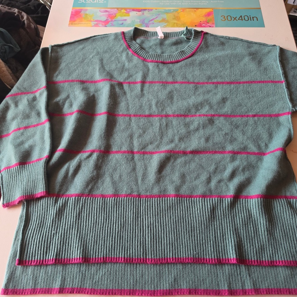 Wishlist Womens Oversized Striped Knit Sweater Sage Green Magenta Large L